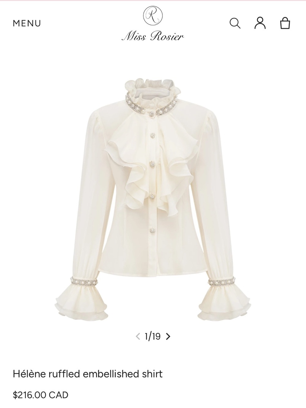 Miss Rosier Ivory Ruffled Embellished Blouse NWT XL